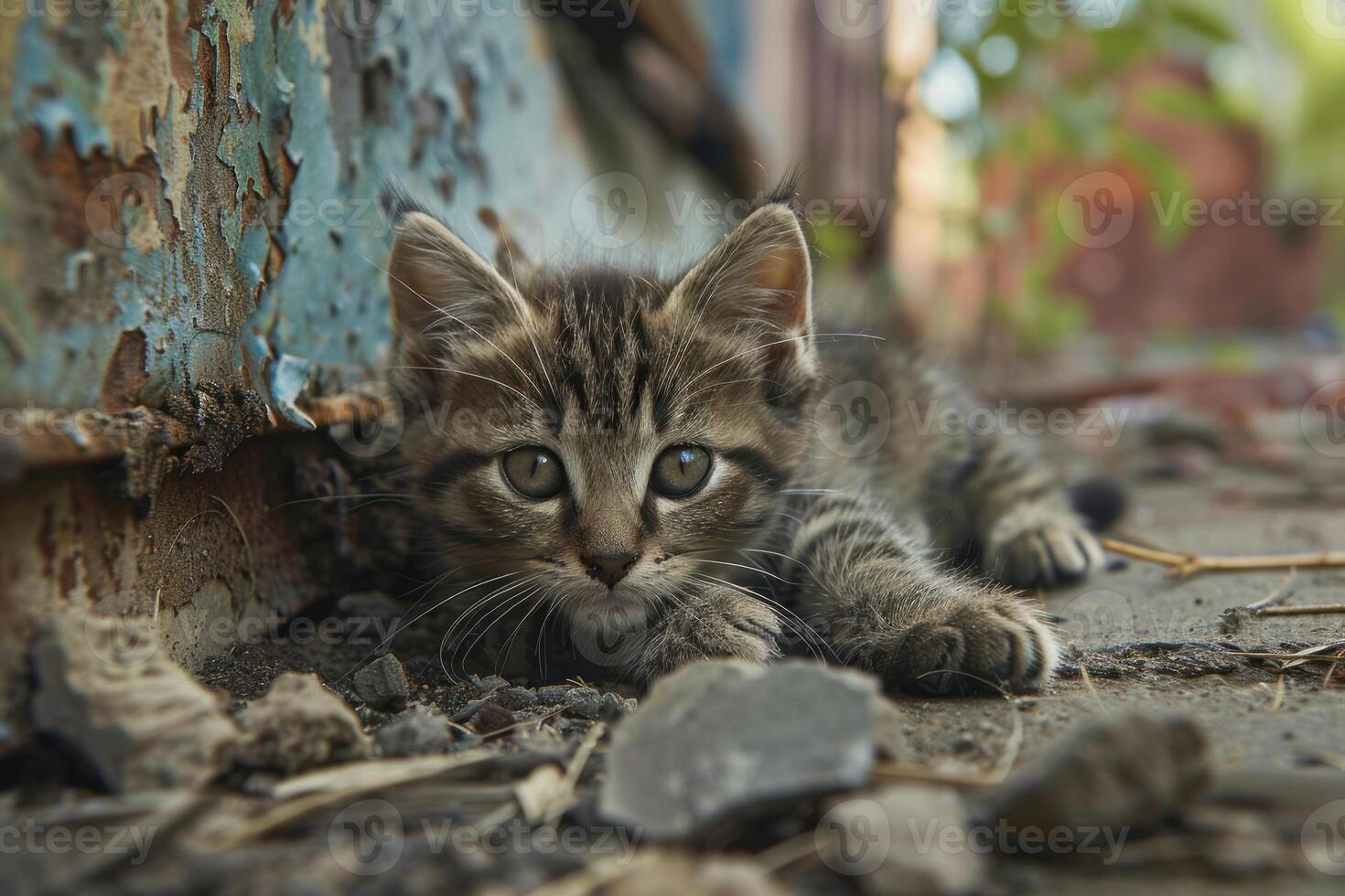 Small kitten resting near a rusty wall in a backyard photo