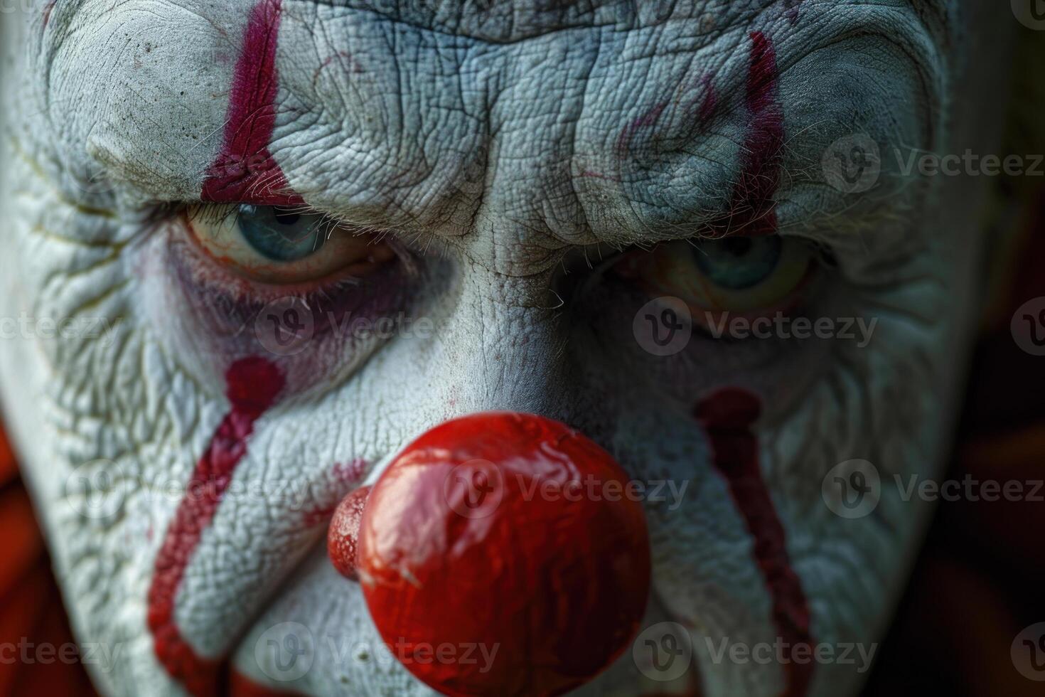 Scary clown showing an evil expression with red nose and wrinkles photo