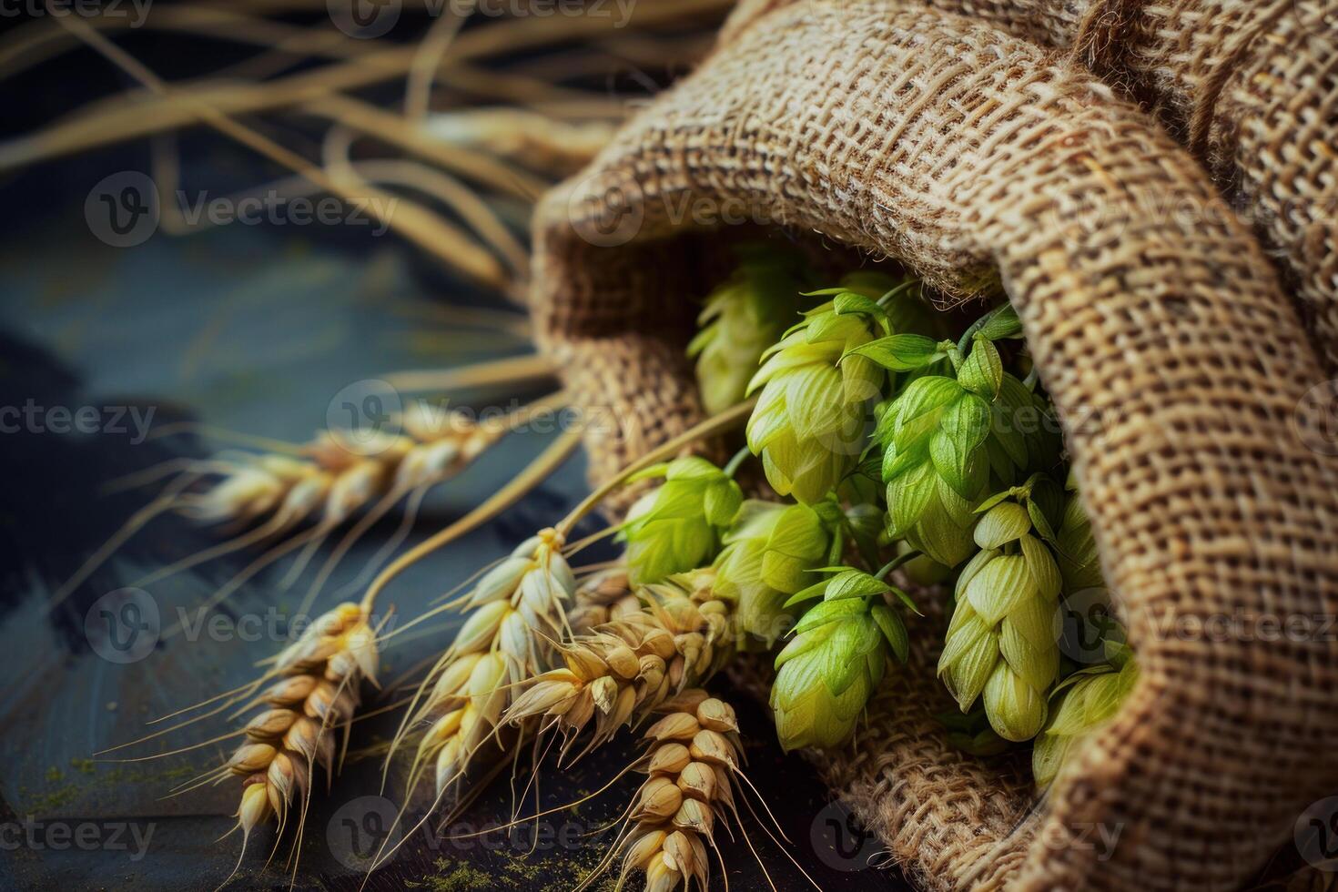 Fresh hops and wheat resting on rustic table for brewing beer photo