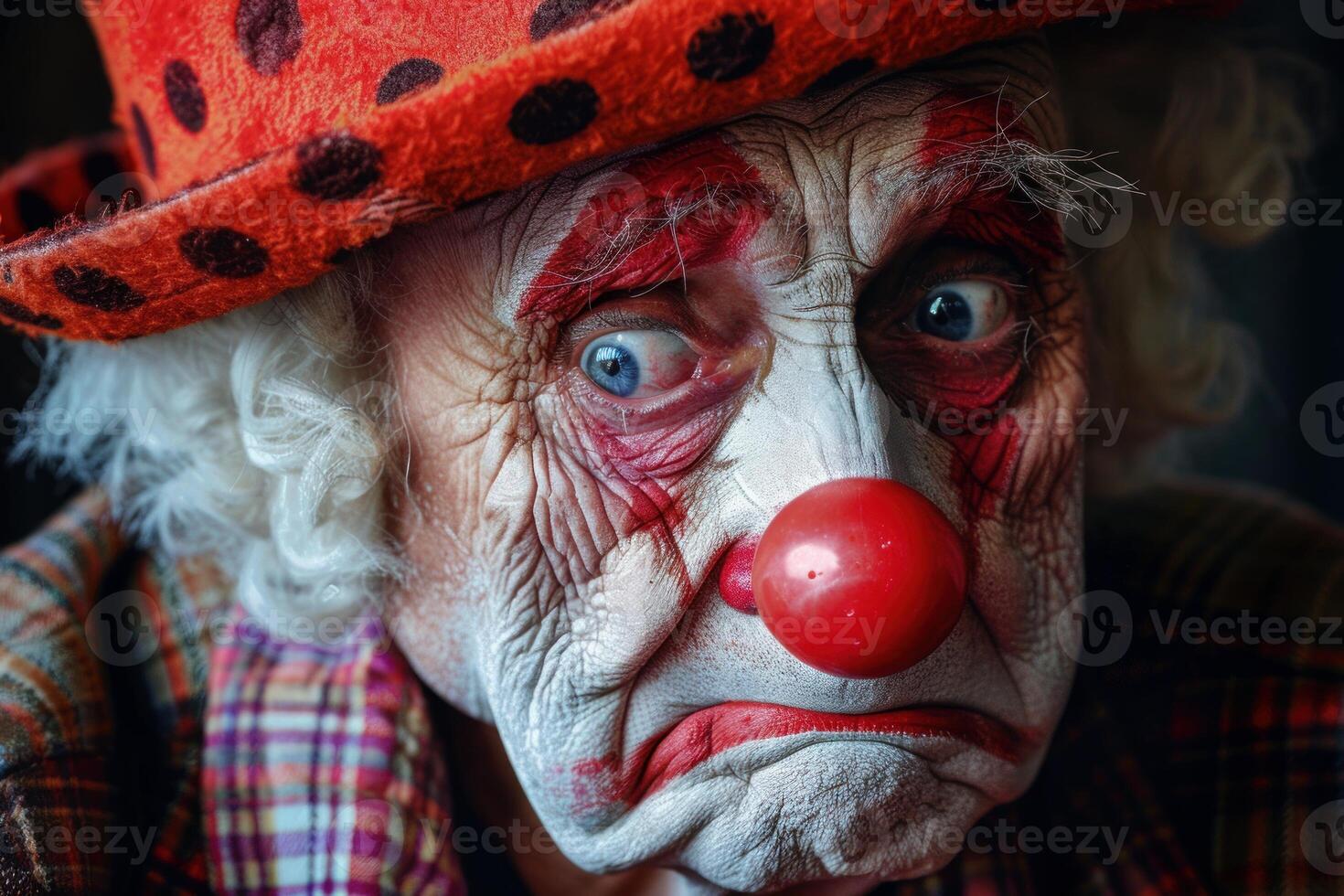 Senior clown showing a sad face expression while wearing a red nose and hat photo