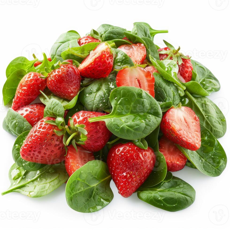 Fresh strawberries and spinach leaves creating a healthy and delicious salad photo