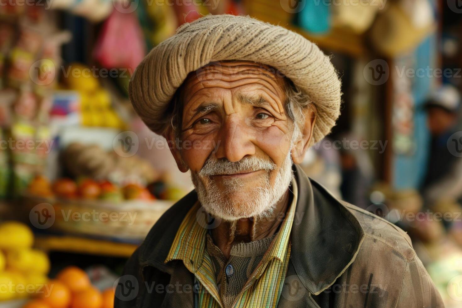 Smiling senior merchant posing in traditional clothing at market in afghanistan photo