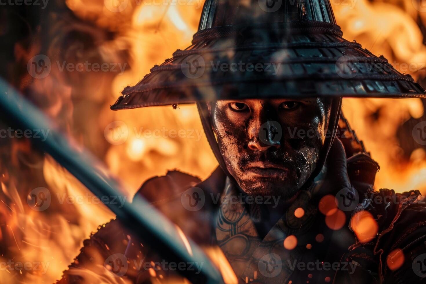 Samurai warrior unsheathing katana sword with fire in background photo