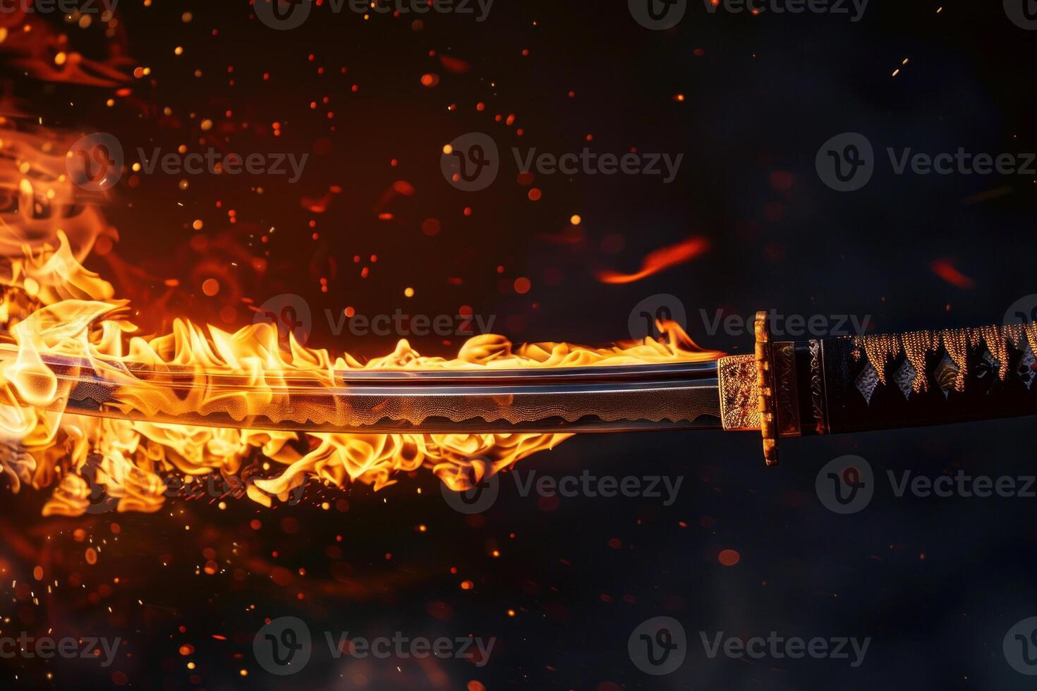 Katana burning in flames with sparks on dark background photo
