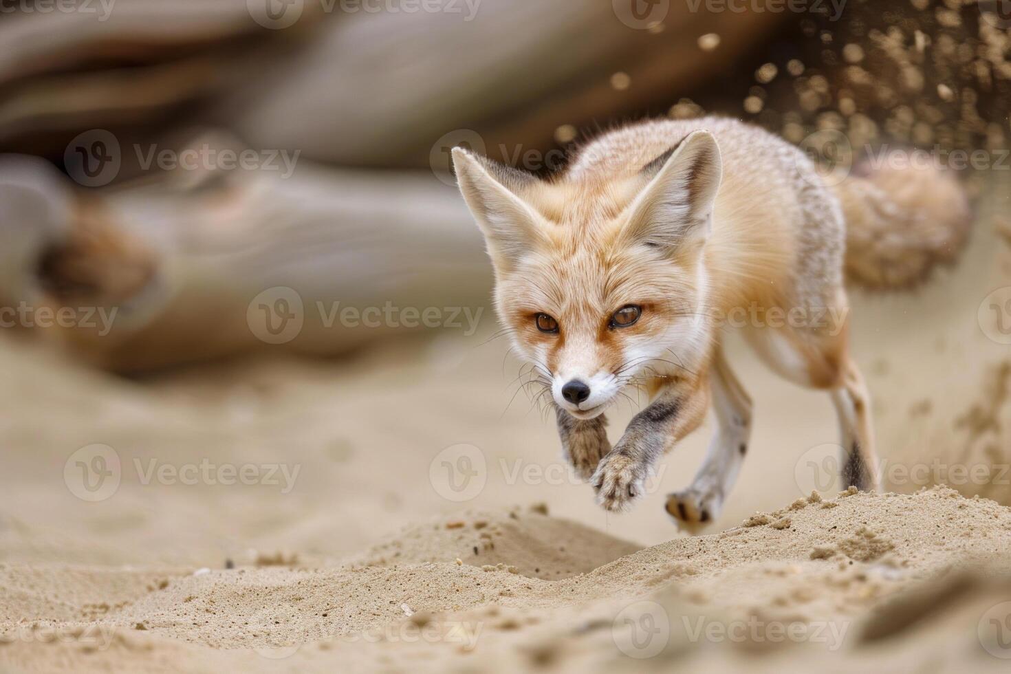 Red fox running fast on sand in natural environment photo