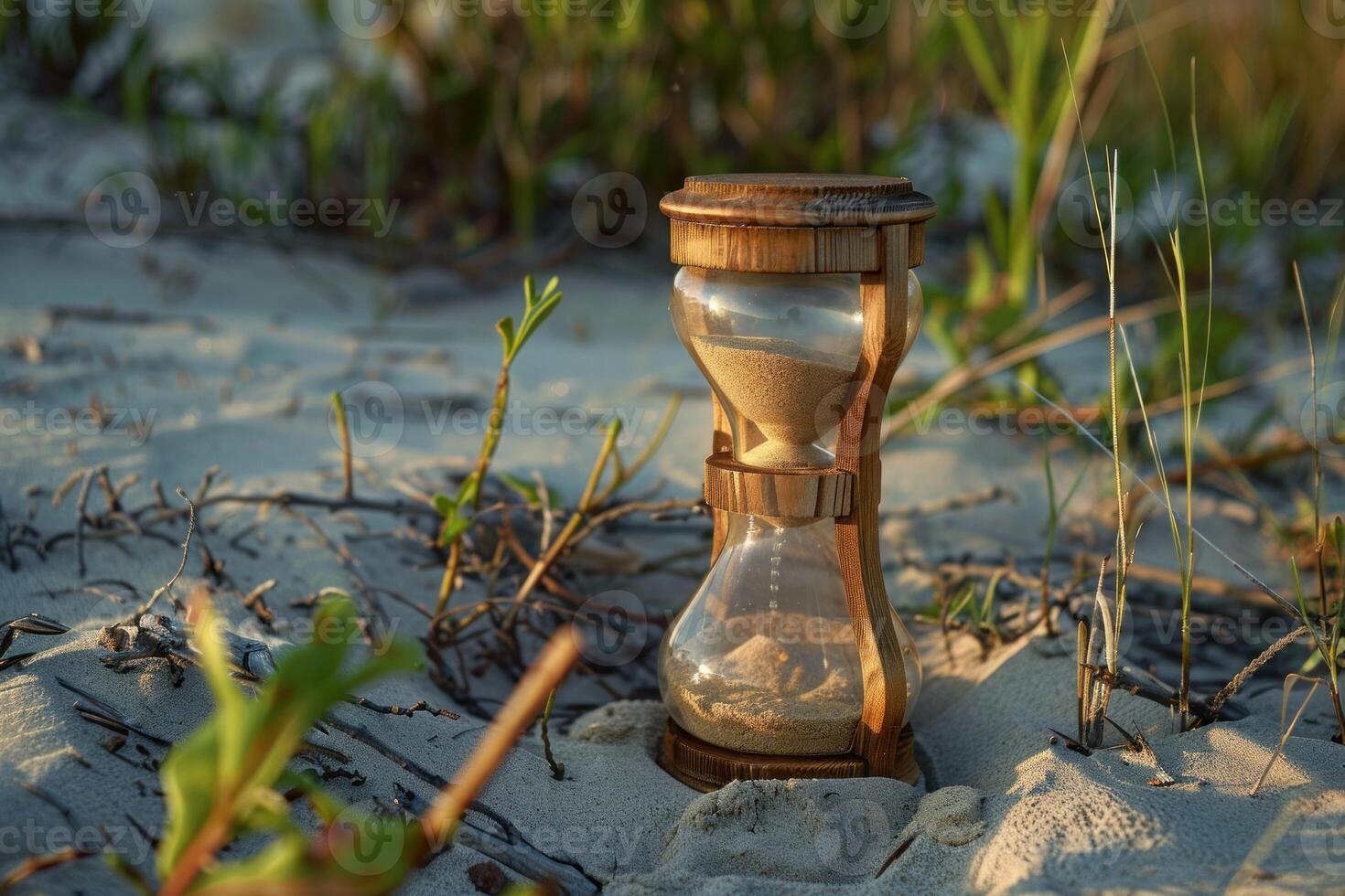 Hourglass measuring time passing on sandy beach at sunset photo