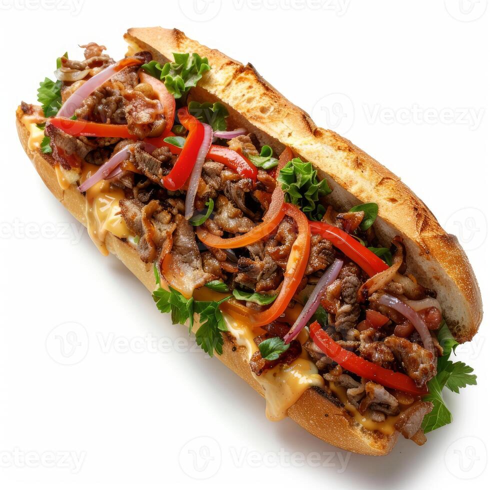 Delicious philly cheesesteak sandwich overflowing with meat, cheese, and vegetables photo