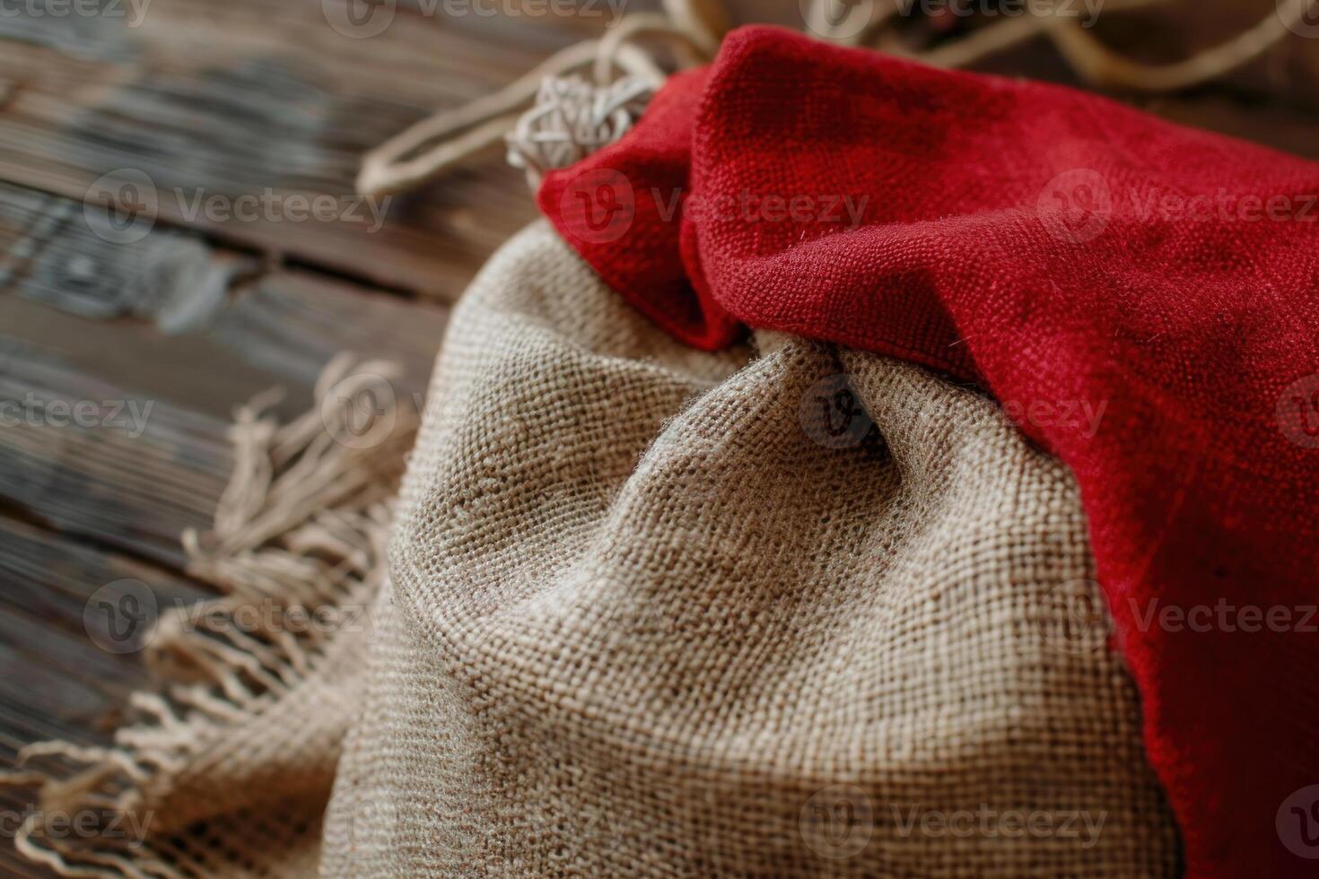 Burlap sack with red cloth on rustic wooden table photo