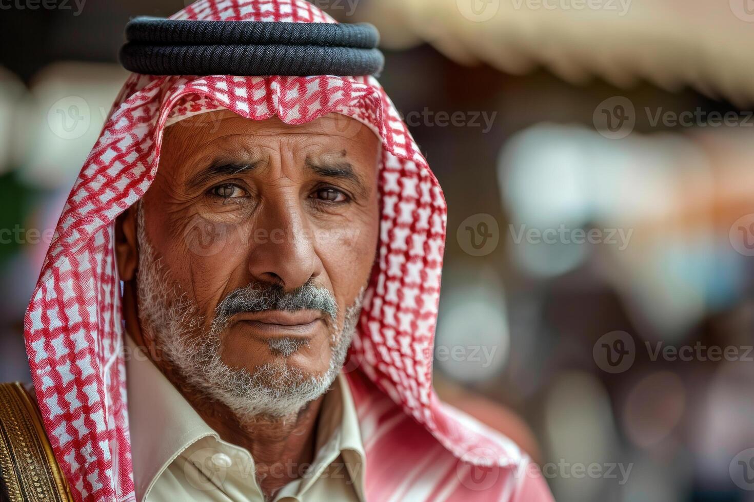 Close up of an elderly middle eastern merchant wearing a keffiyeh in a bustling marketplace photo