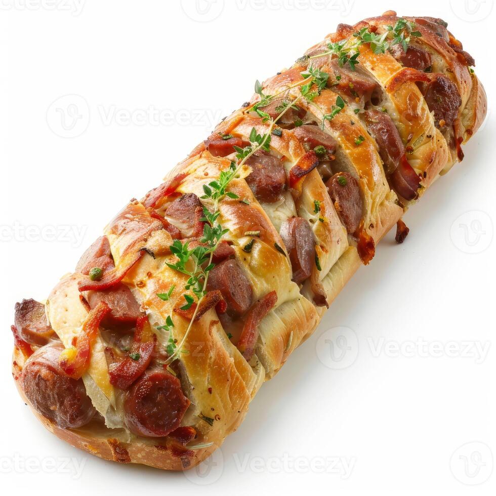 Sausage and bacon bread decorated with thyme on white background photo