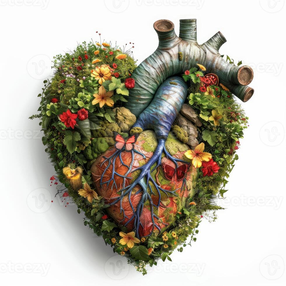 Blooming anatomical heart covered in lush vegetation and butterflies photo