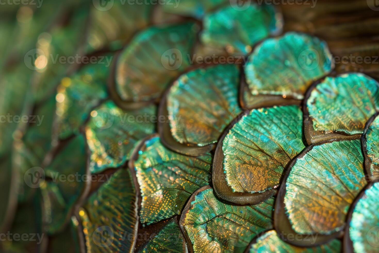 Close up of iridescent green and gold fish scales creating intricate pattern photo