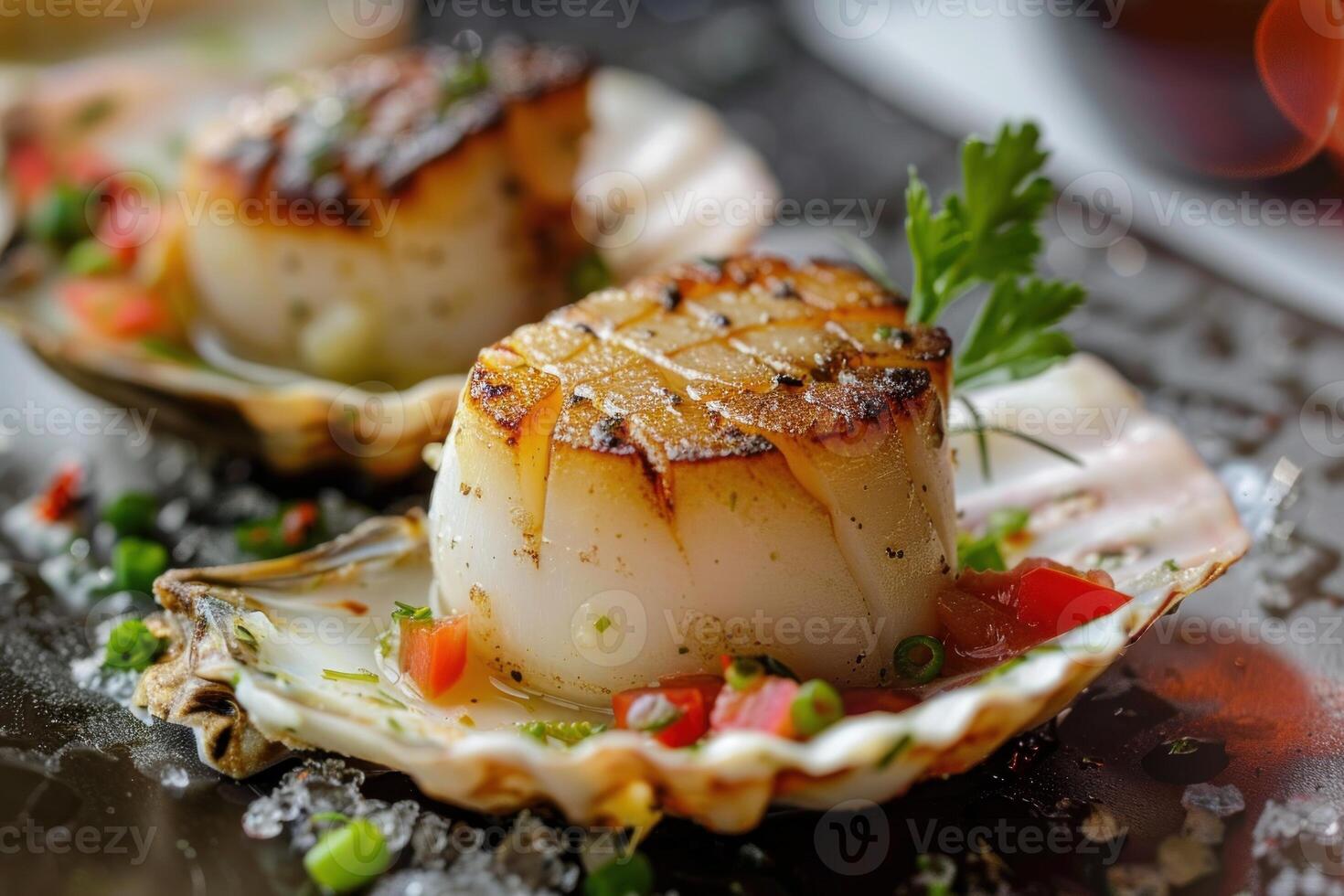 Grilled scallops served on shell with herbs and tomato salsa photo