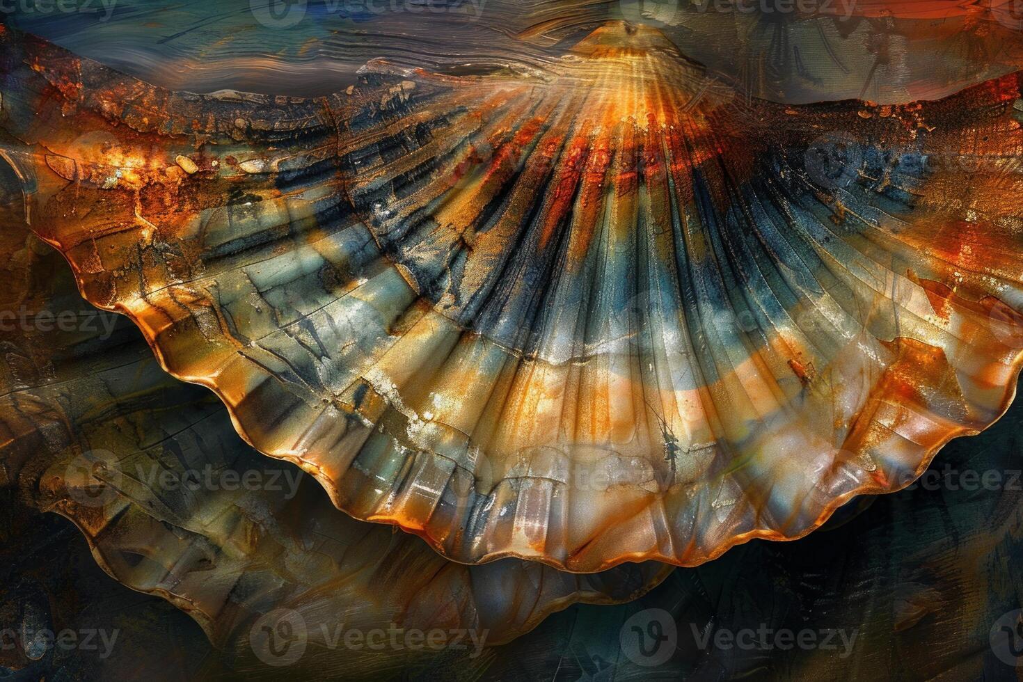 Large scallop shell showing vibrant colors and intricate details photo