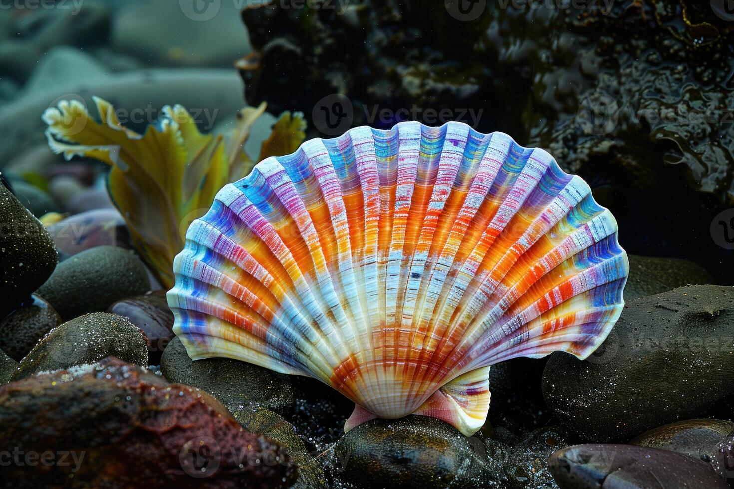 Colorful scallop shell resting on wet rocks in a tide pool photo