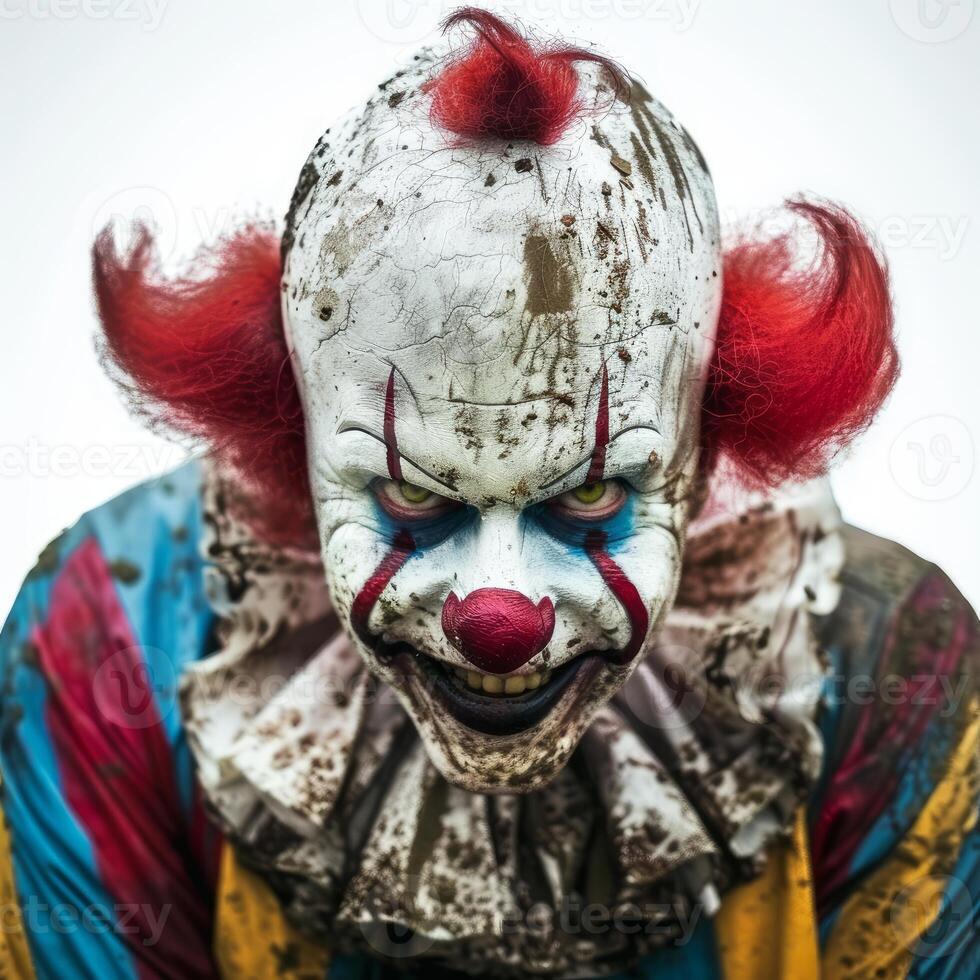 Scary clown showing an evil grin with mud on his face photo