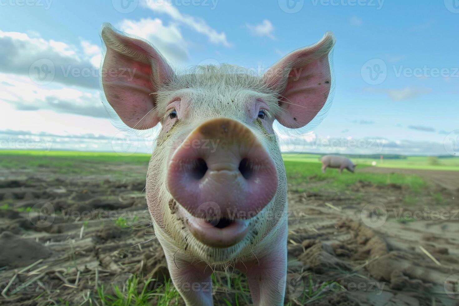 Curious pig standing on farmland with open mouth photo
