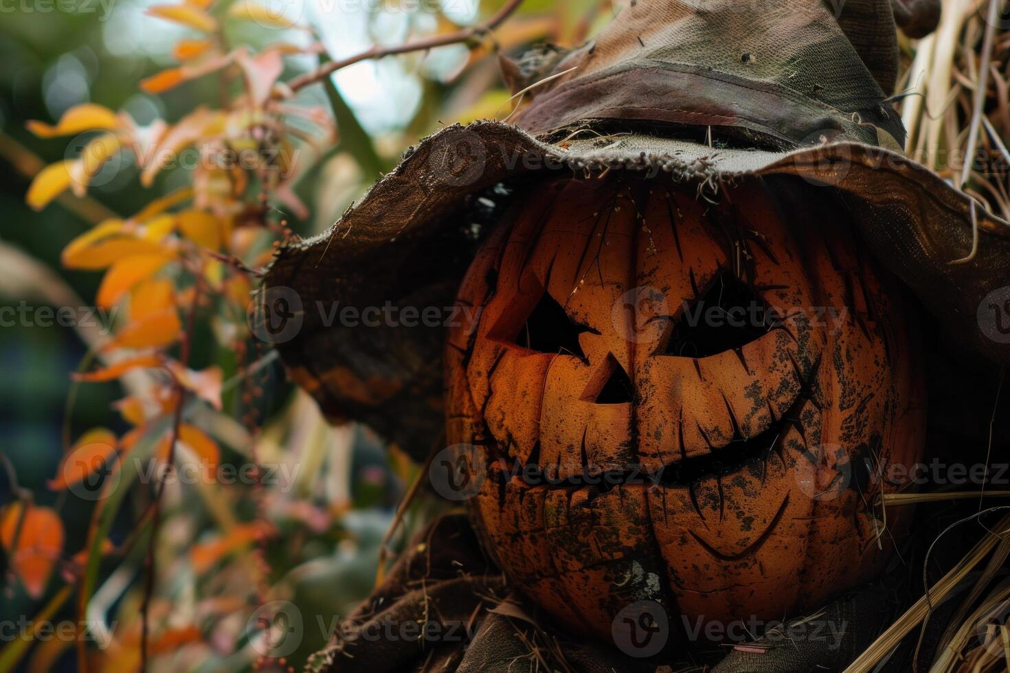Scary halloween pumpkin wearing old hat hiding in bushes photo