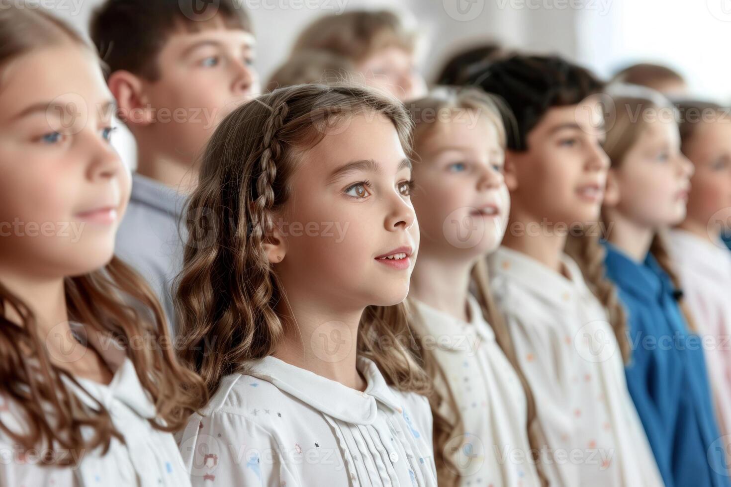 Group of elementary school students listening attentively in classroom setting photo