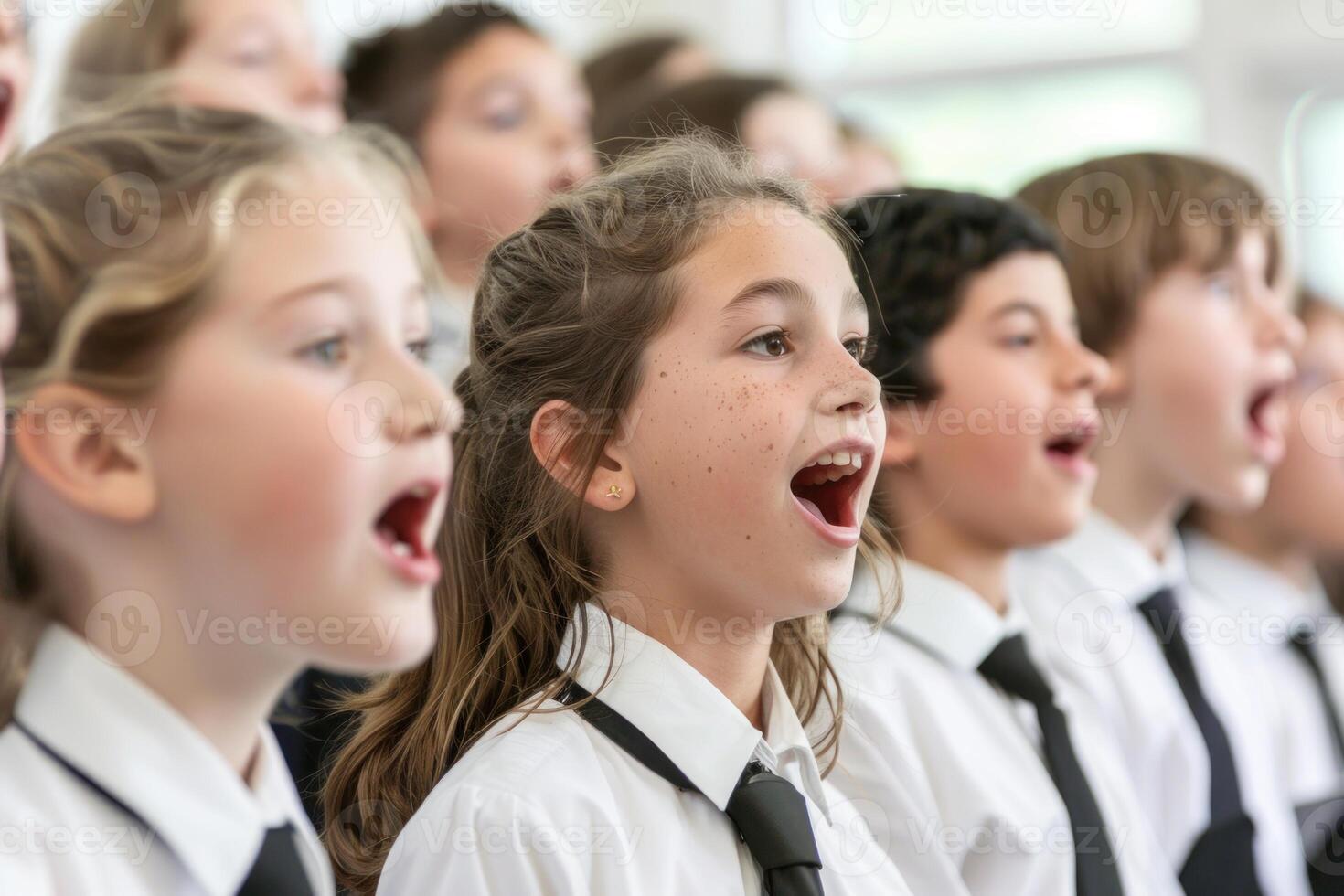 School choir singing with open mouths during music lesson photo
