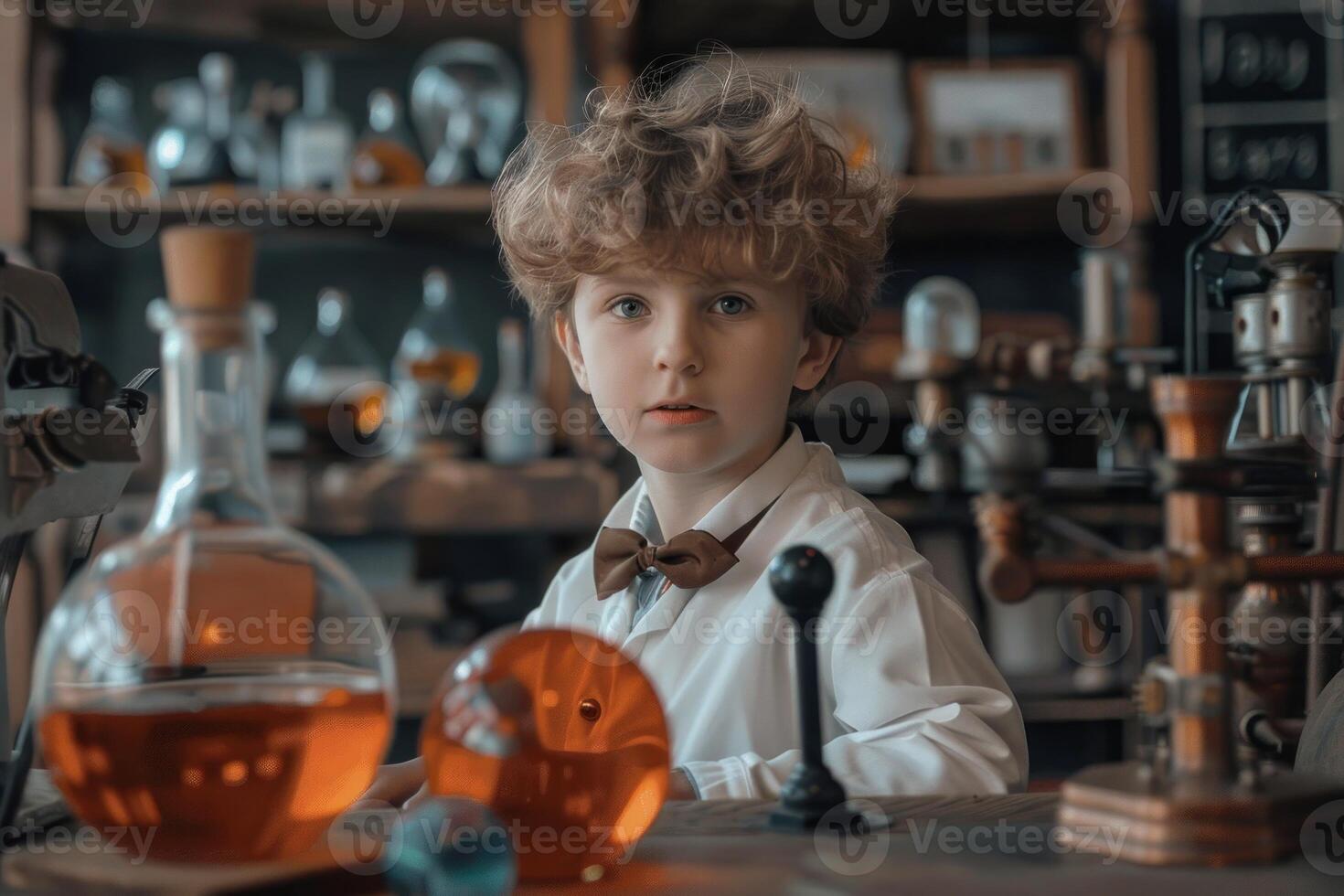Curious little scientist exploring chemical reactions in vintage laboratory photo