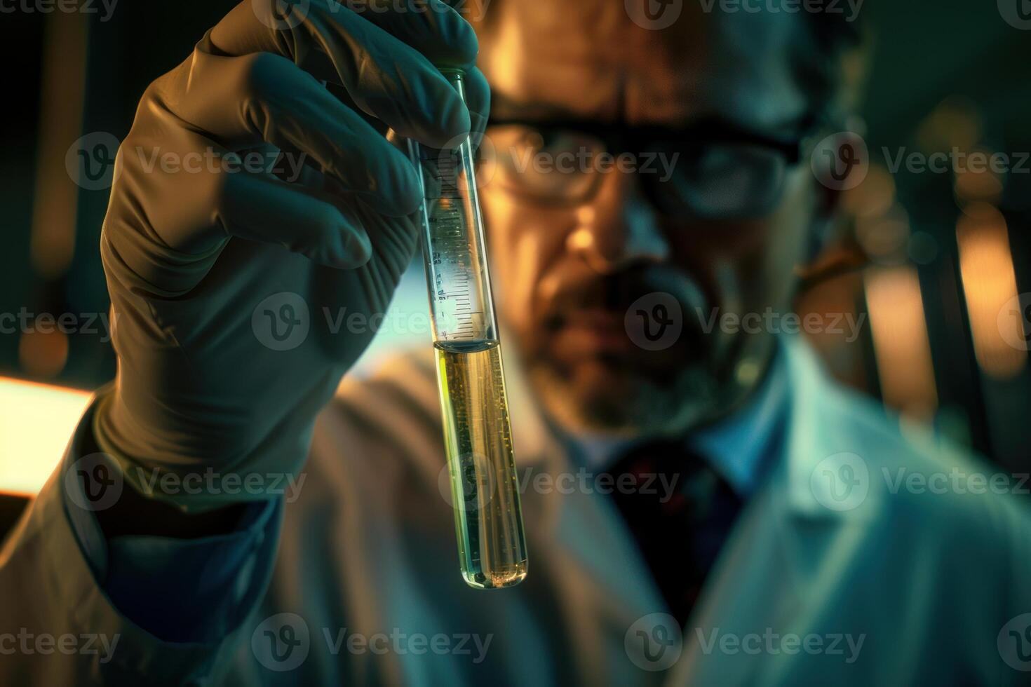 Scientist wearing gloves holding test tube examining liquid chemical solution photo