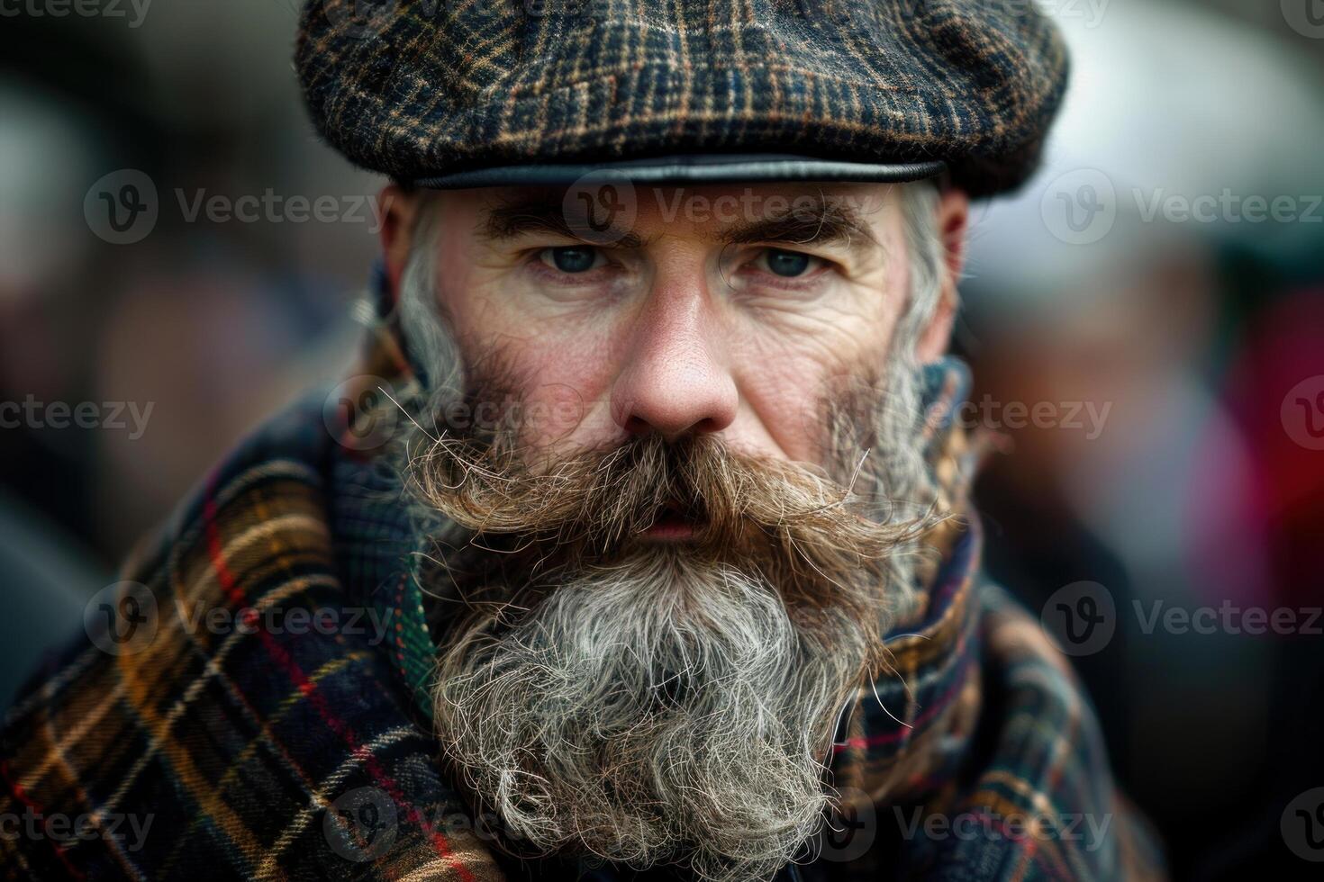 Portrait of a stylish senior man wearing a cap and tartan scarf photo