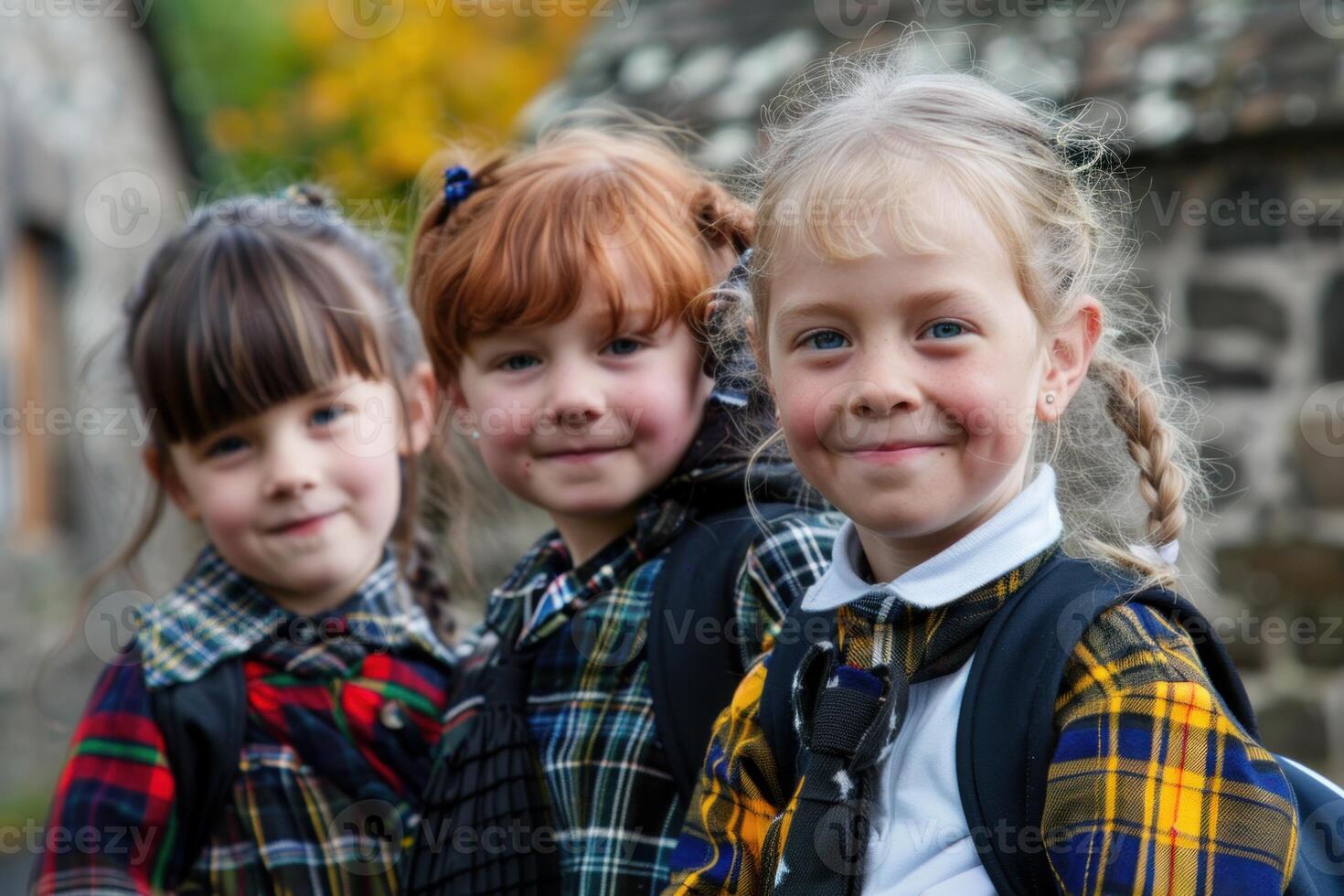 Three smiling schoolgirls wearing plaid shirts and backpacks outdoors photo