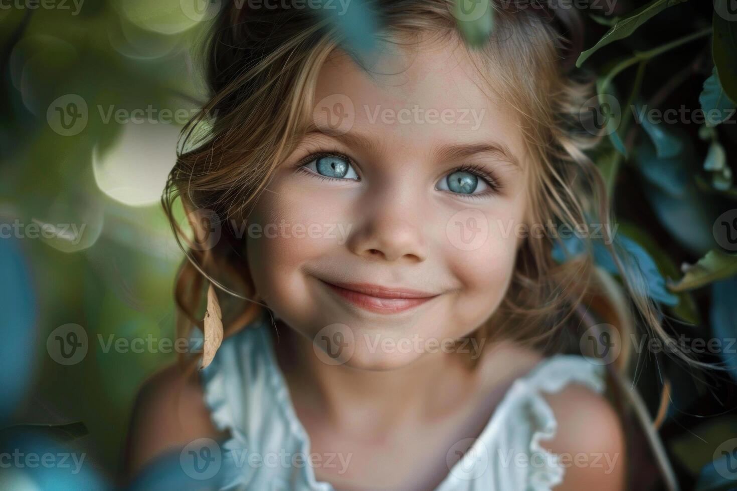 Smiling little girl with blue eyes hiding behind green leaves photo