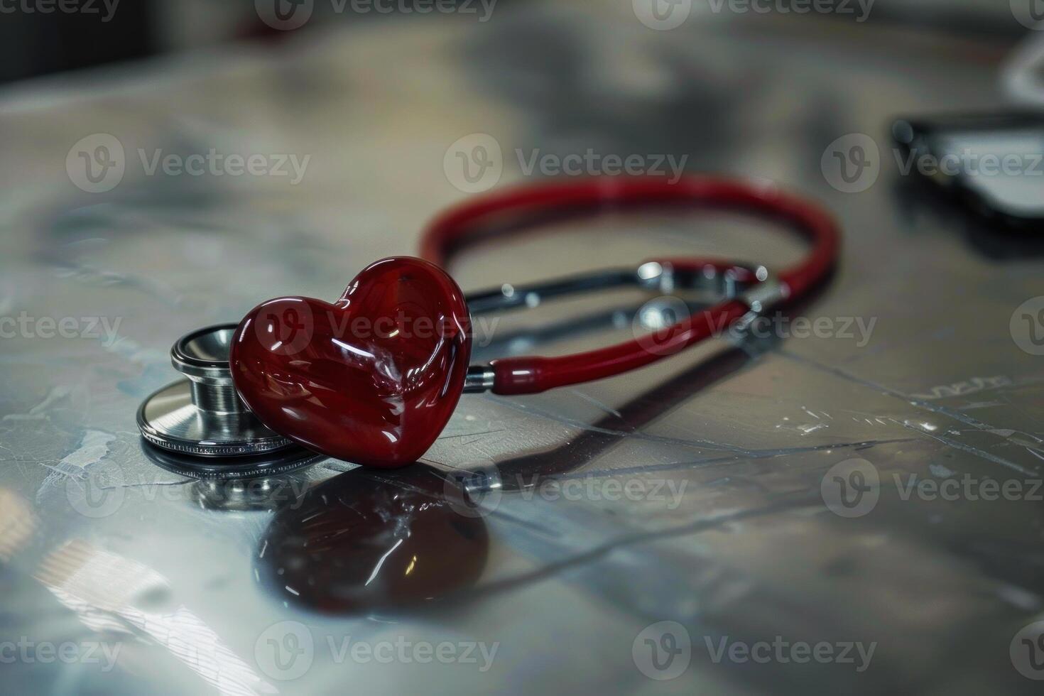 Red stethoscope and heart shape showing healthcare and cardiology concept photo