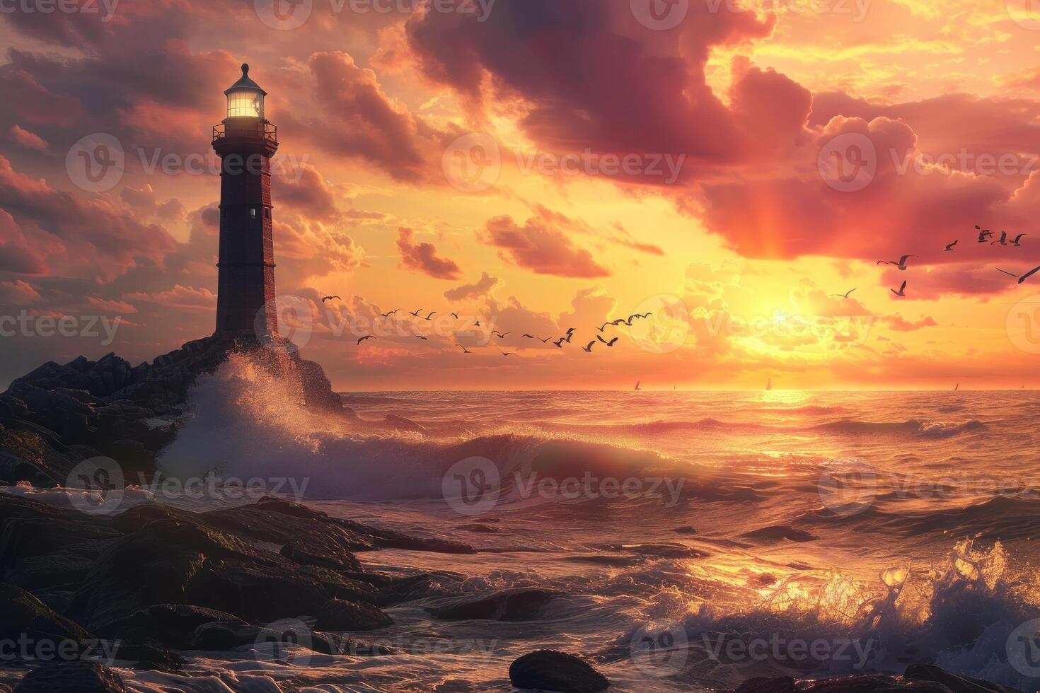 Lighthouse guiding ships home during sunset with dramatic sky and birds flying photo