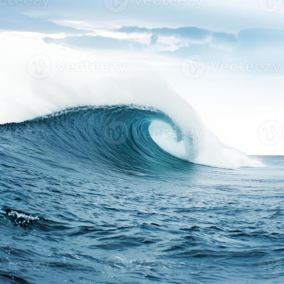 Perfect surfing wave forming in ocean on cloudy day photo