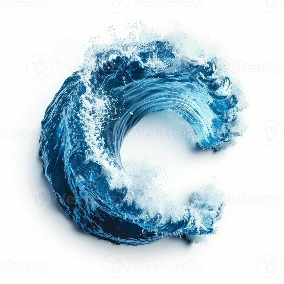 Ocean wave forming letter c with splashing water on white background photo