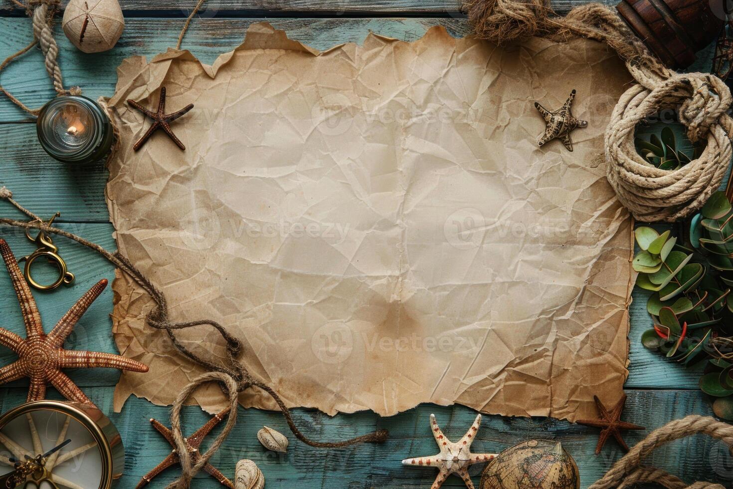 Crumpled old paper surrounded by nautical equipment on wooden table photo