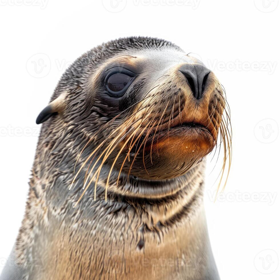 Young fur seal showing its whiskers on white background photo