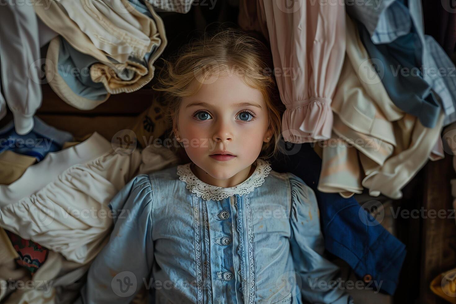 Little girl lying in pile of clothes looking up photo