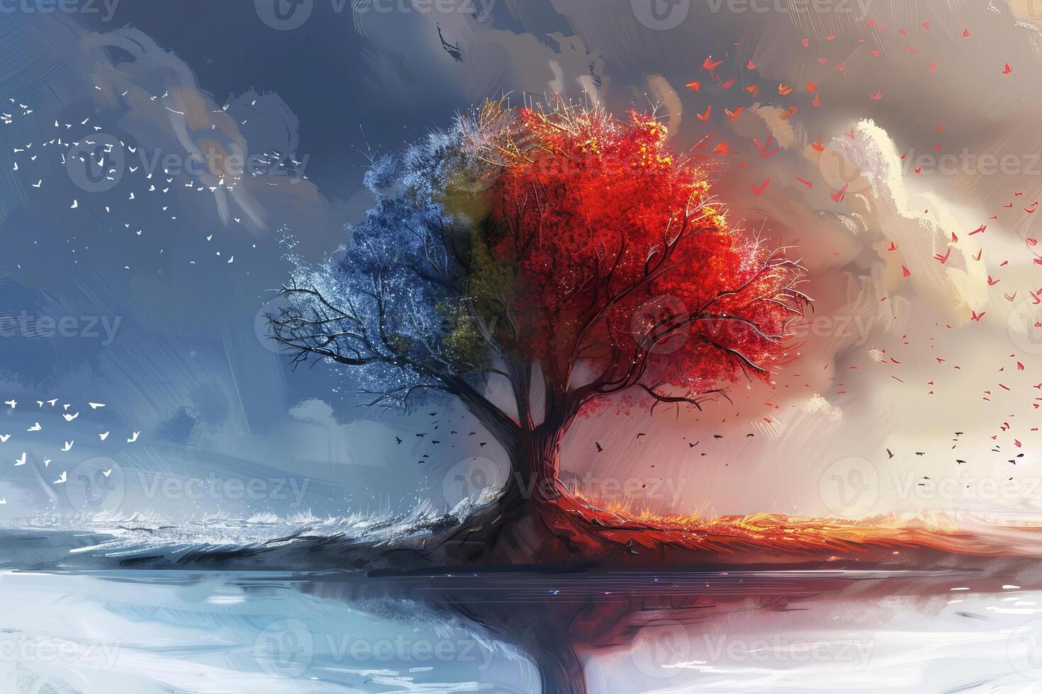 Tree showing changing seasons with birds flying and reflecting in water photo