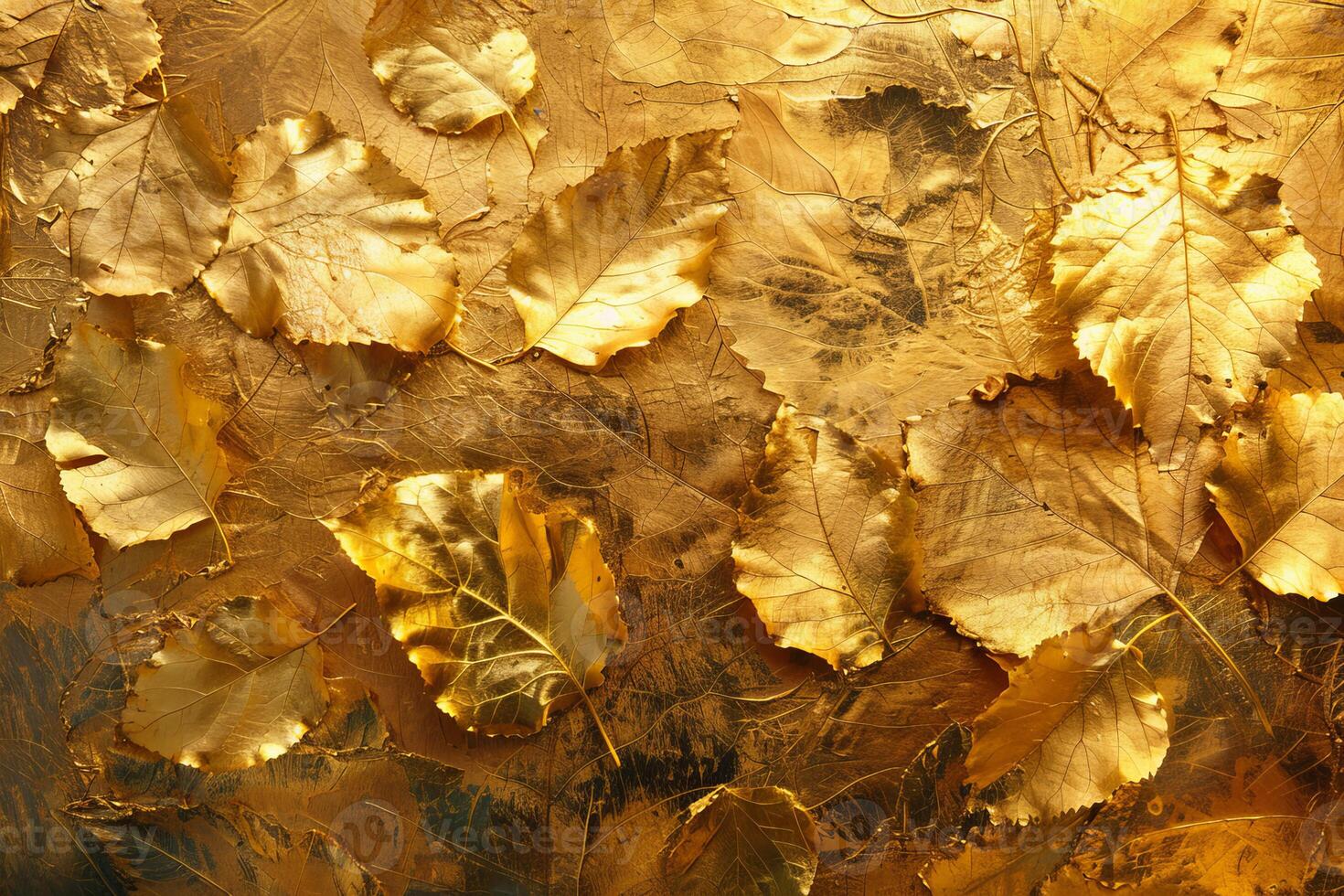 Golden autumn leaves creating luxurious textured background photo