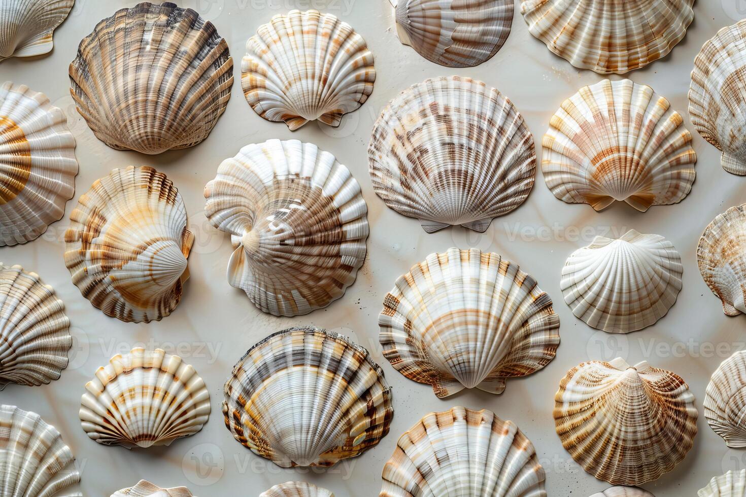 Variety of seashells arranged on a surface, creating an interesting pattern photo