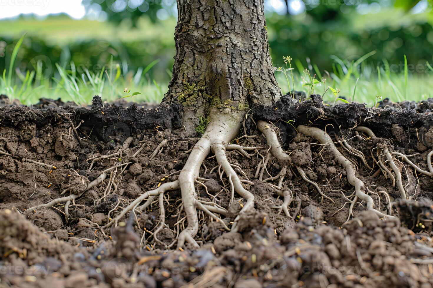 Tree roots growing in fertile soil, maintaining a healthy ecosystem photo