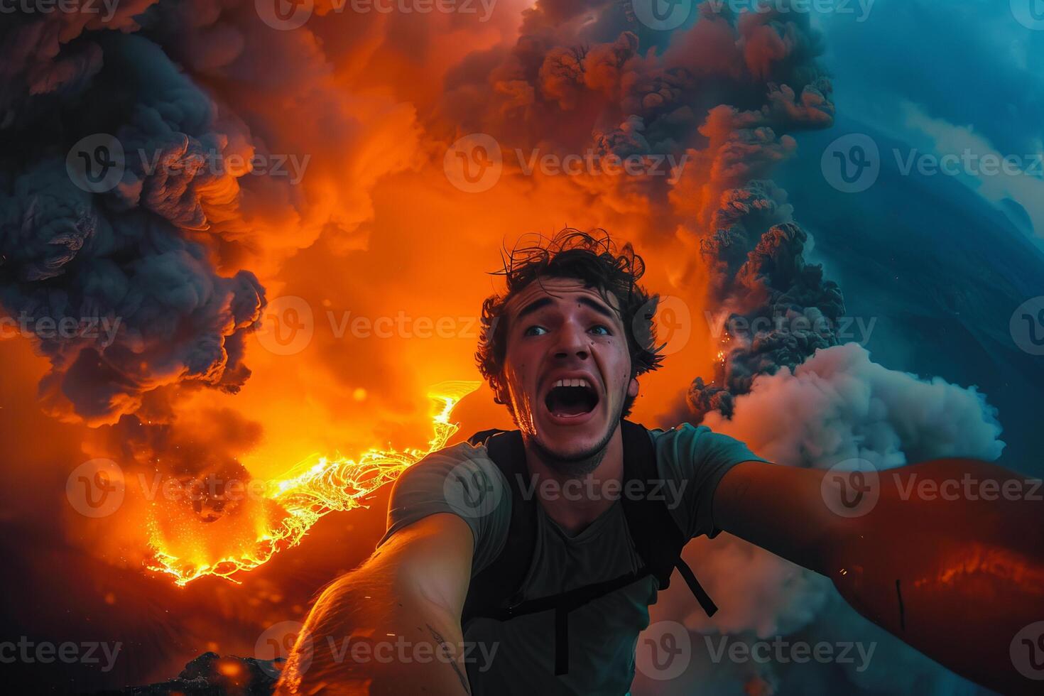 Volcanologist taking selfie while observing erupting volcano with lava and smoke photo