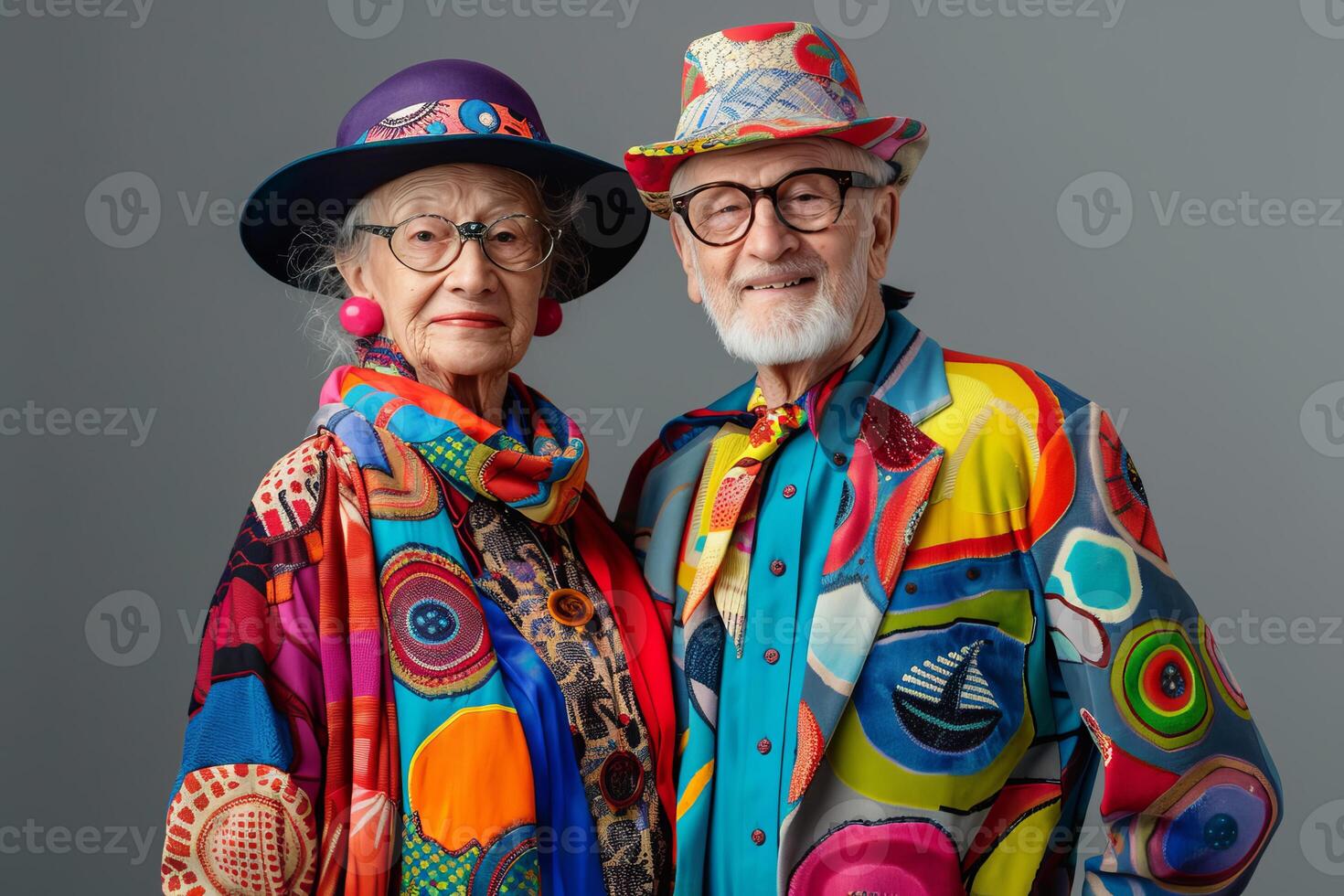 Senior couple wearing colorful clothes and hats smiling at the camera photo