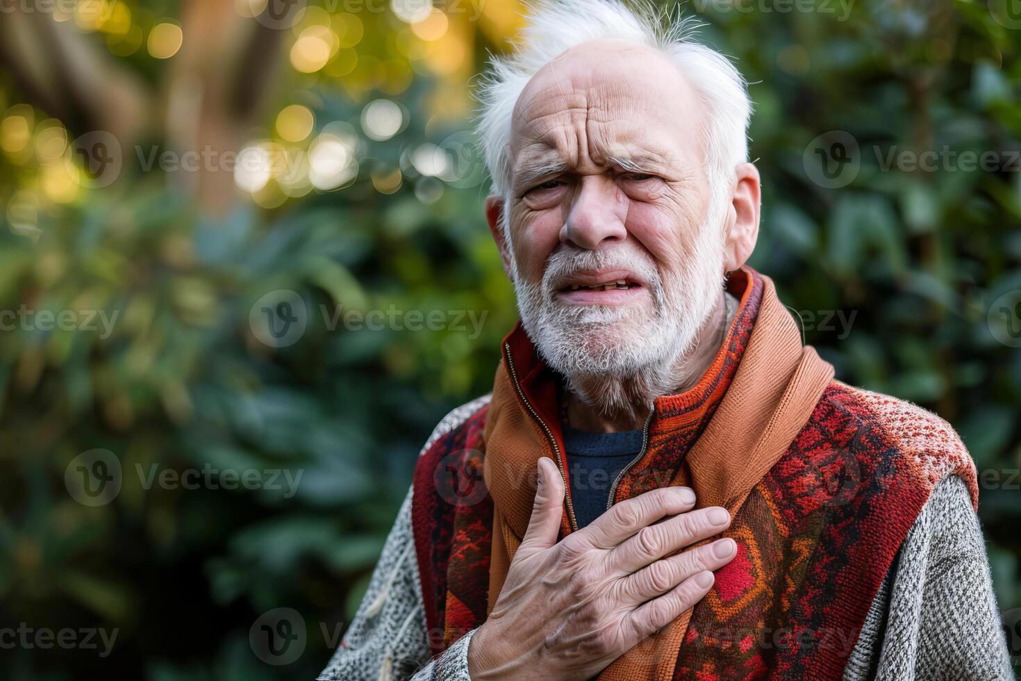 Senior man suffering chest pain outdoors in nature photo