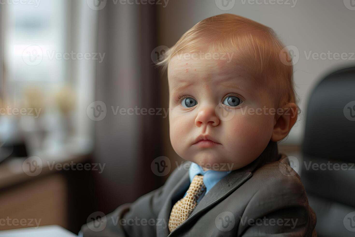 Baby boss wearing suit and tie in office setting photo