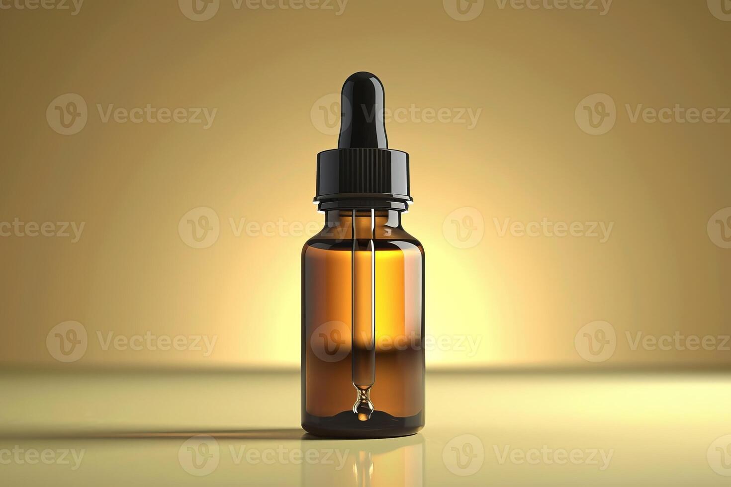 Small bottle of essential oil with dropper on reflective surface photo