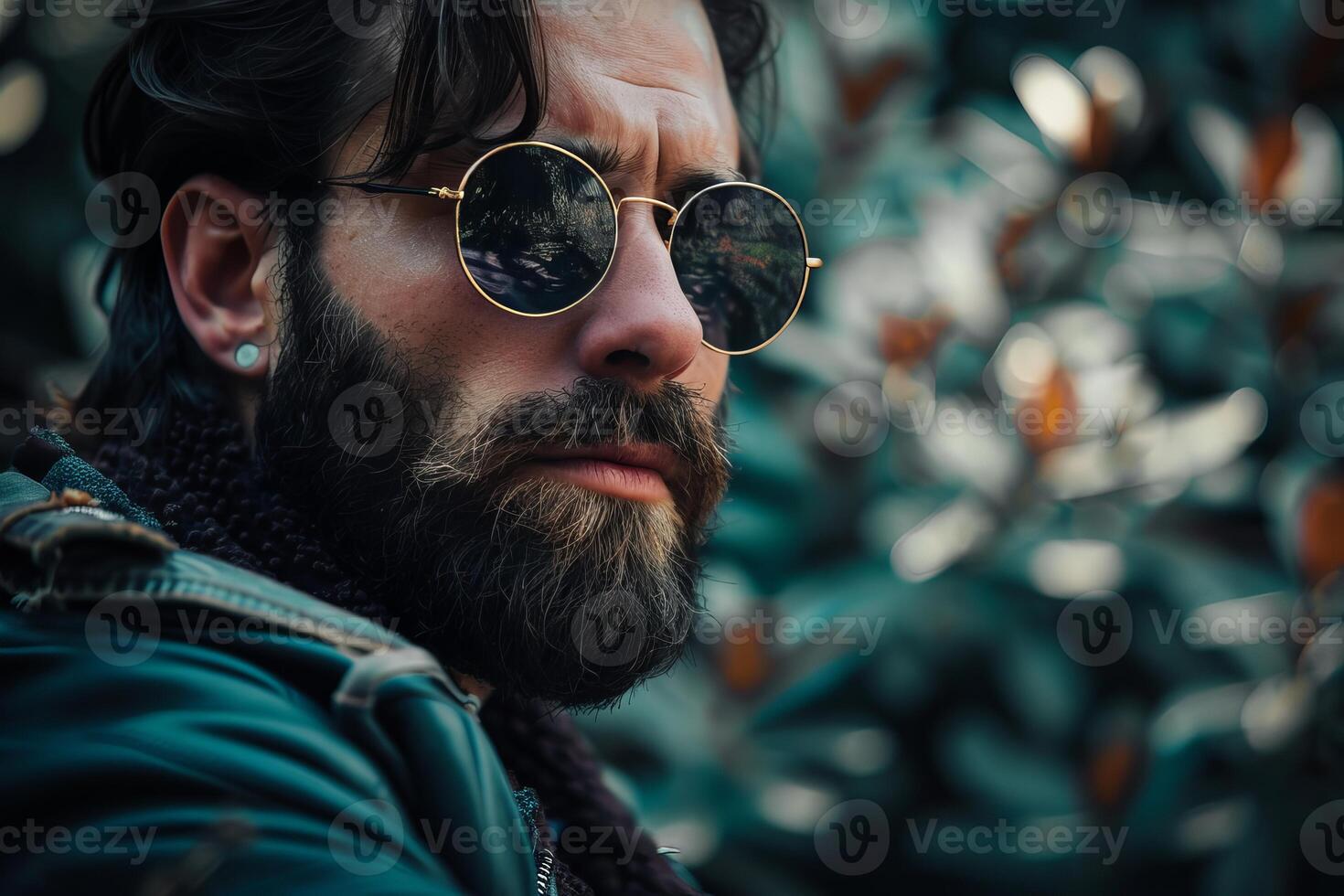 Bearded biker wearing sunglasses and earring posing near motorcycles photo