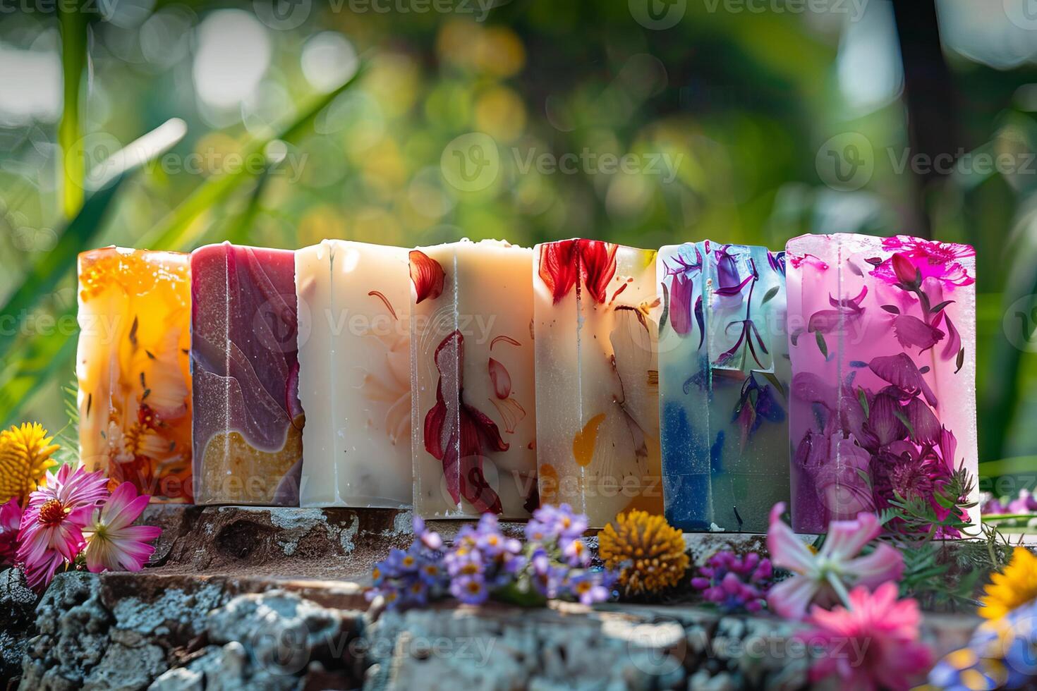 Colorful handmade soap bars with flower petals resting on tree bark in garden setting photo