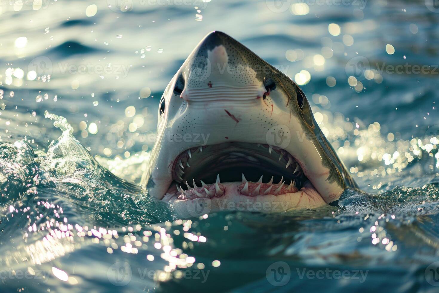 Great white shark opening its jaws while emerging from water photo