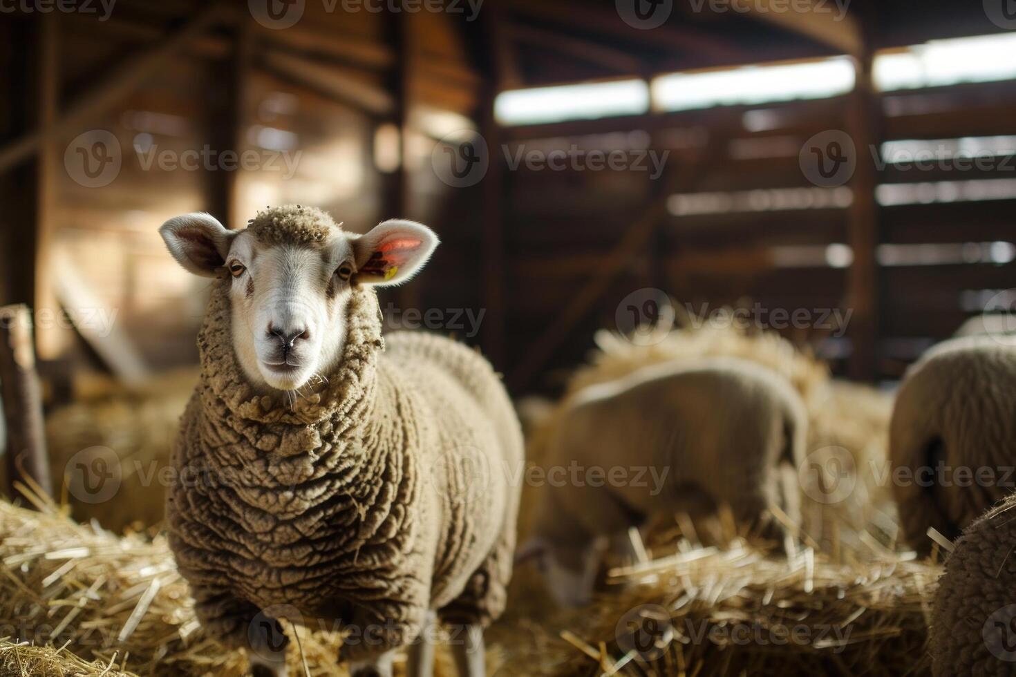 Sheep standing in barn eating hay photo