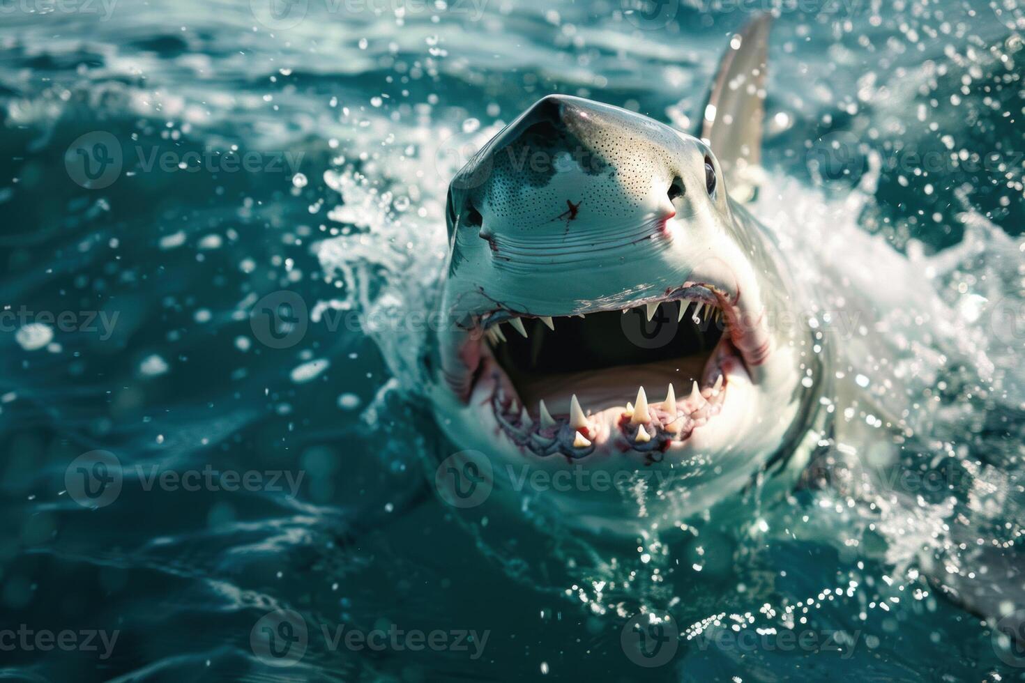 Great white shark opening jaws while breaching ocean surface photo